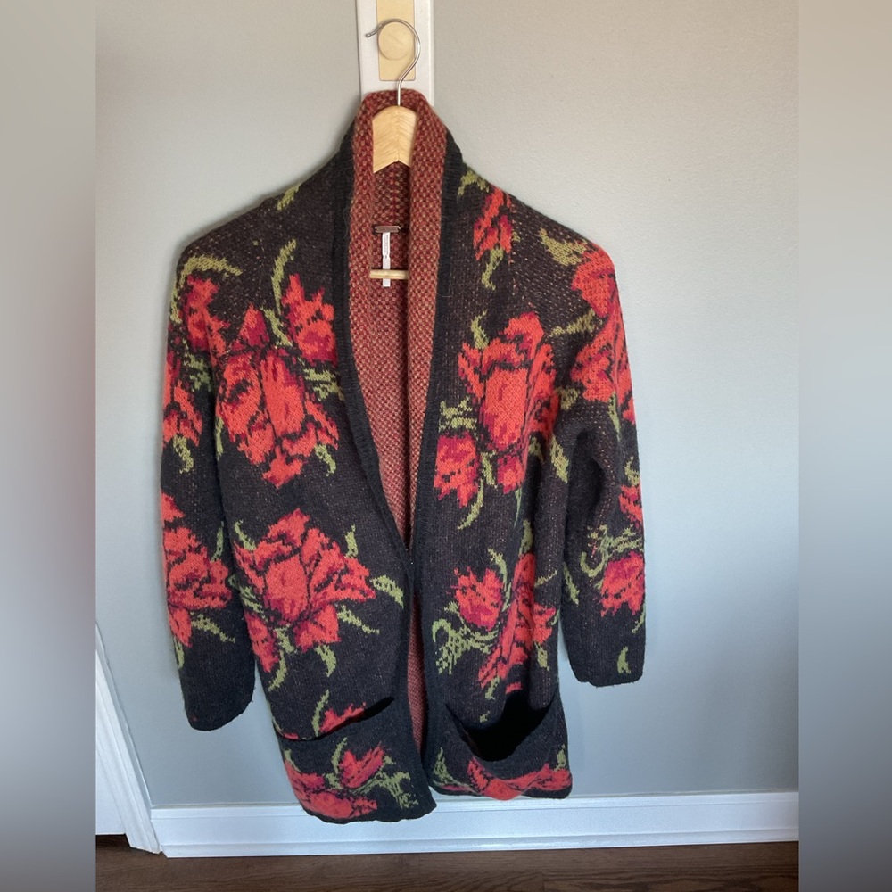 Free People Red and Black Knit Cardigan